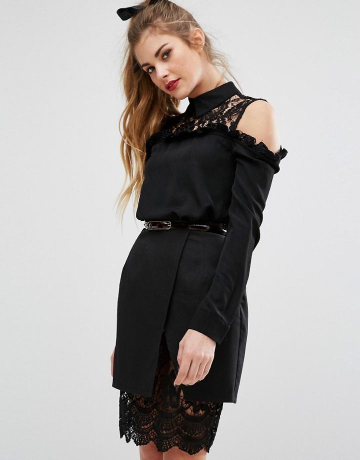 Fashion Union Lace Panel Shirt With Collar - Black