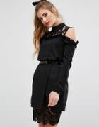 Fashion Union Lace Panel Shirt With Collar - Black