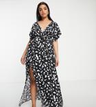 Asos Design Curve Flutter Sleeve Maxi Beach Dress In Mono Spot Print-multi
