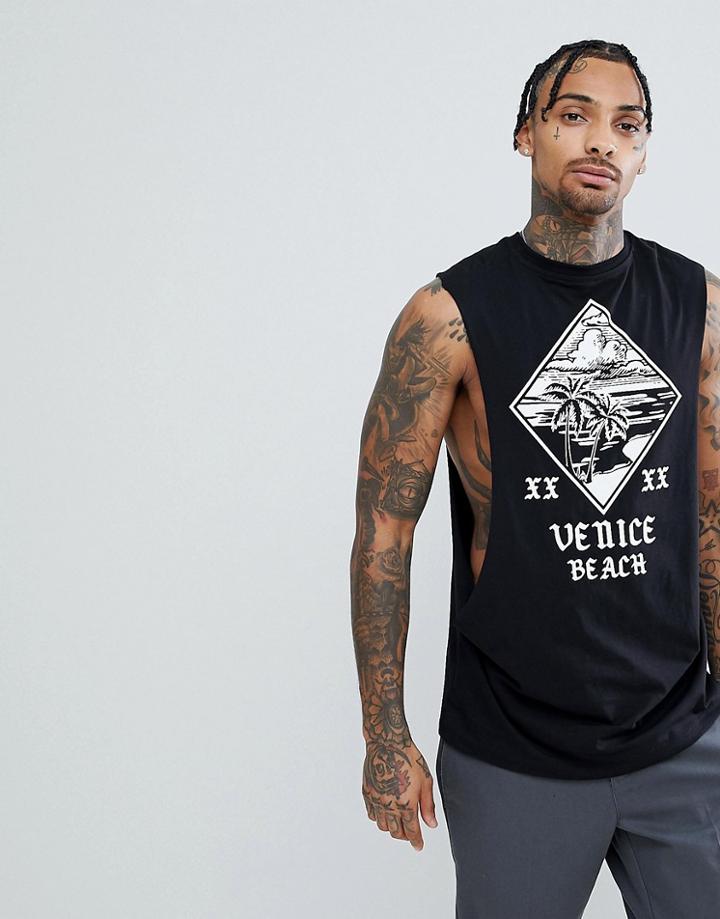 Asos Sleeveless T-shirt With Extreme Dropped Armhole With Palm Tree Print - Black