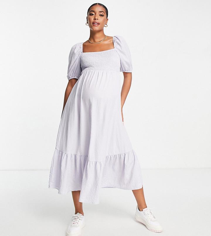 Missguided Maternity Gingham Shirred Midaxi Dress In Blue