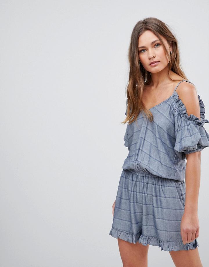 En Creme Cold Shoulder Romper With Ruffle Details - Blue