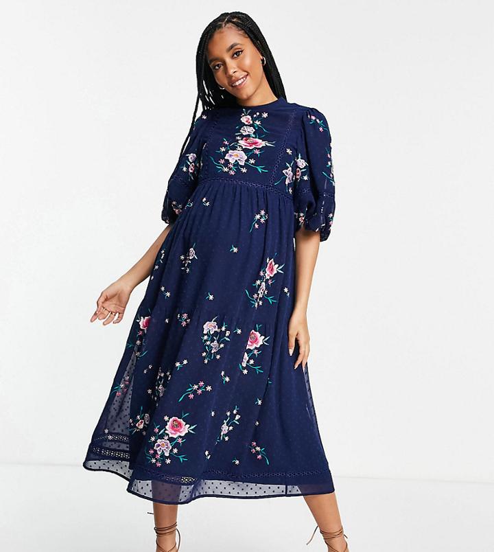 Asos Design Maternity High Neck Textured Embroidered Midi Dress With Lace Trims In Navy