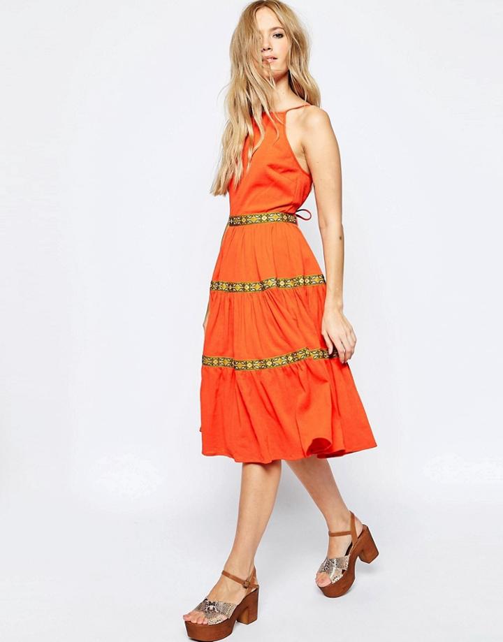 Asos Tiered Midi Sundress With Tape Detail - Orange