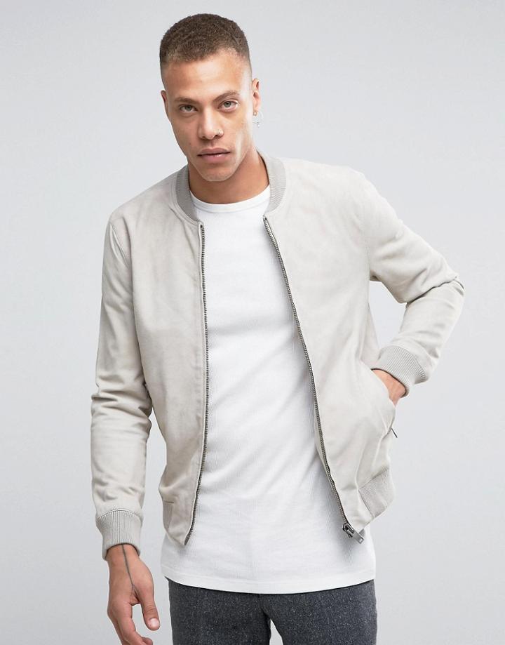 Selected Suede Stone Bomber Jacket - Cream