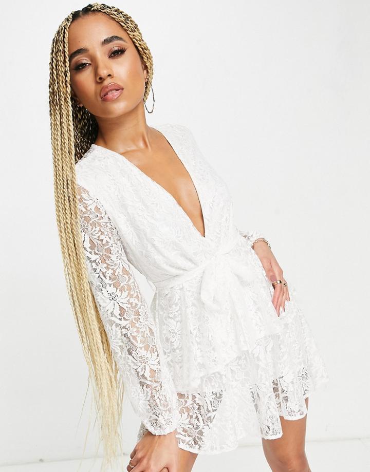 John Zack Lace Long Sleeve Mini Dress In White