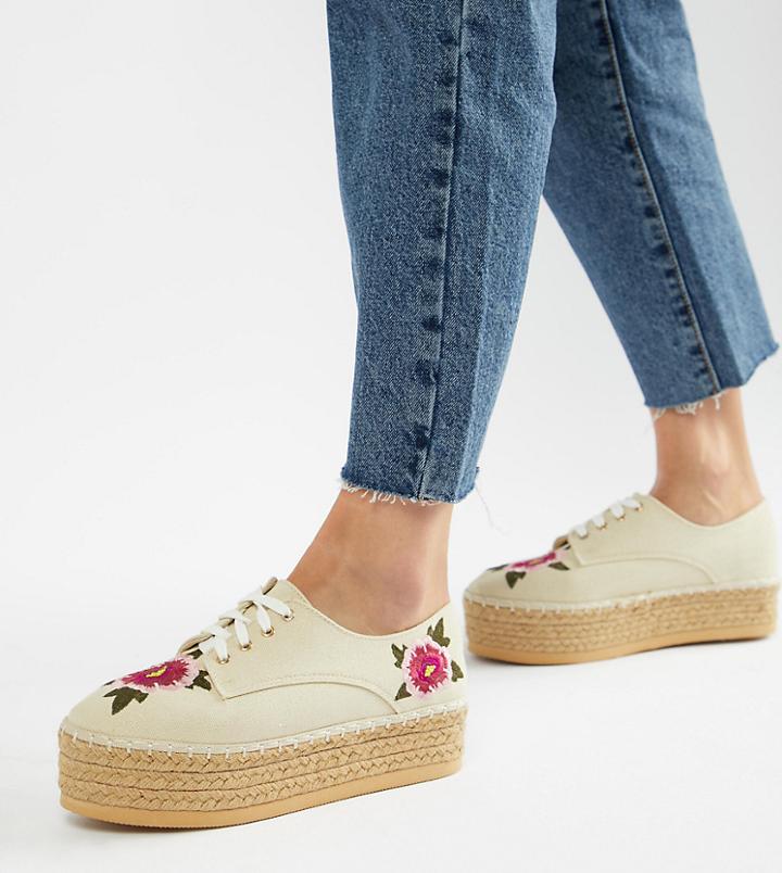 London Rebel Flatform Embroidered Espadrilles - Cream