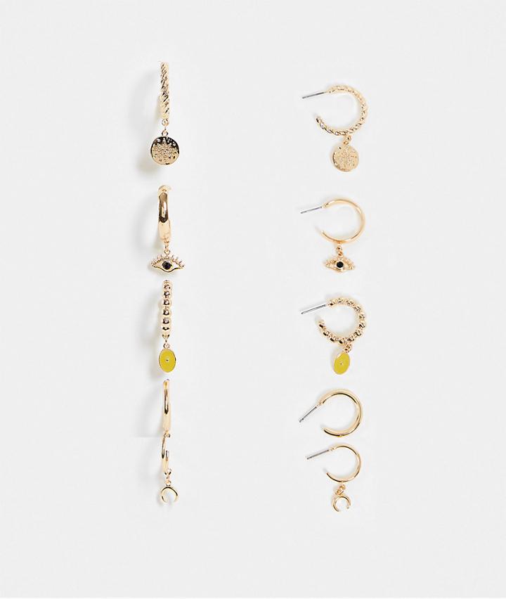 Monki Vivien 5 Pack Drop Hoop Earrings In Gold