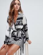 Boohoo Wrap Mini Dress In Scarf Print - Multi