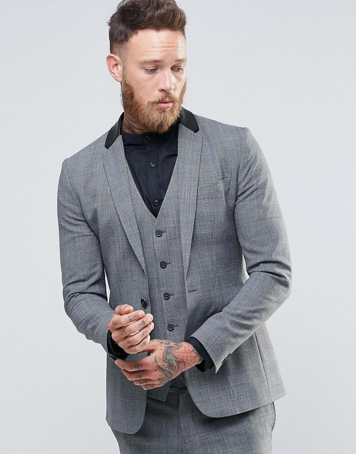 Religion Super Skinny Check Suit Jacket With Faux Leather Back Neck - Black