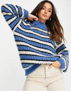 Topshop Knitted Stripe Sweater In Blue-blues