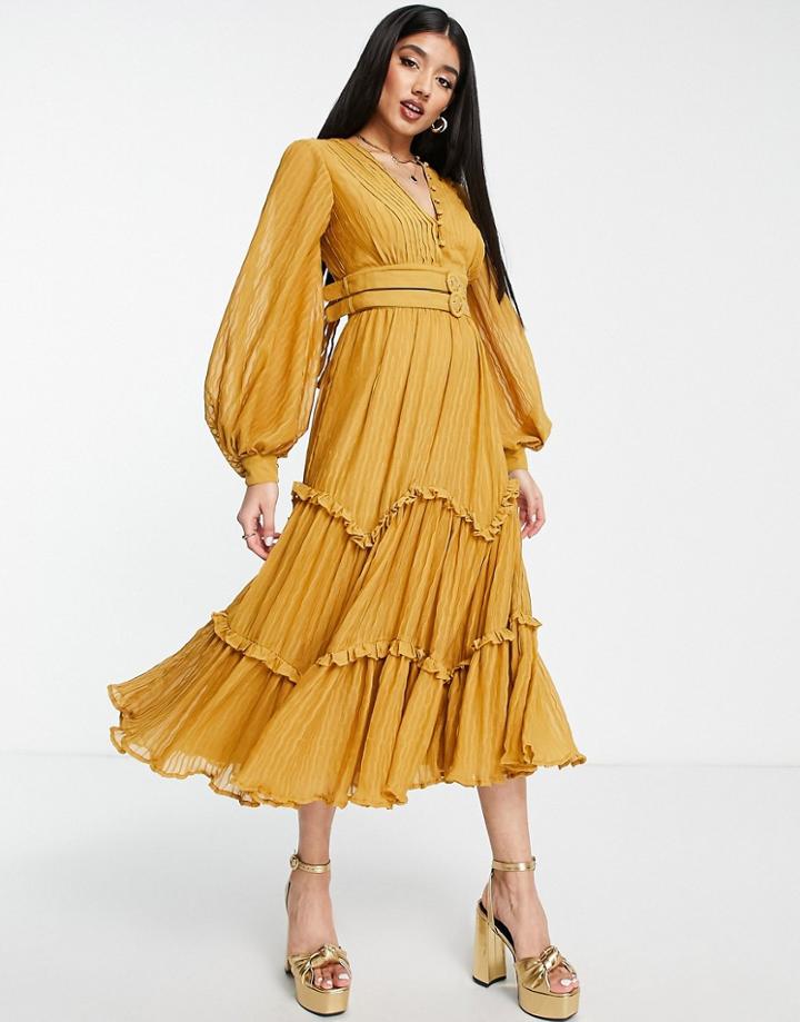 Asos Design Pleat Detail Midi Dress And Double Belt Detail-yellow