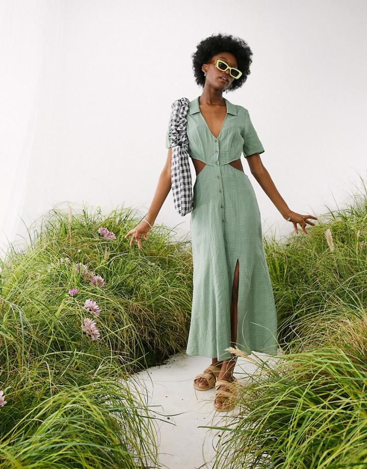 Asos Design Button Through Cut Out Midi Dress In Khaki Self Check-green