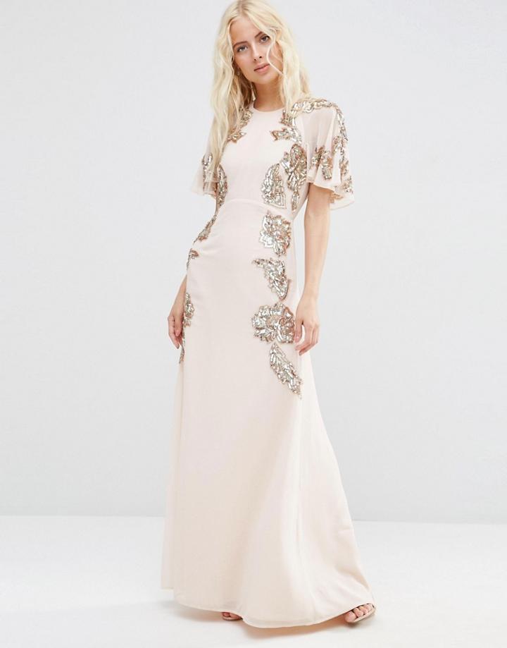 Asos Floral Embellished Flutter Sleeve Maxi Dress - Multi
