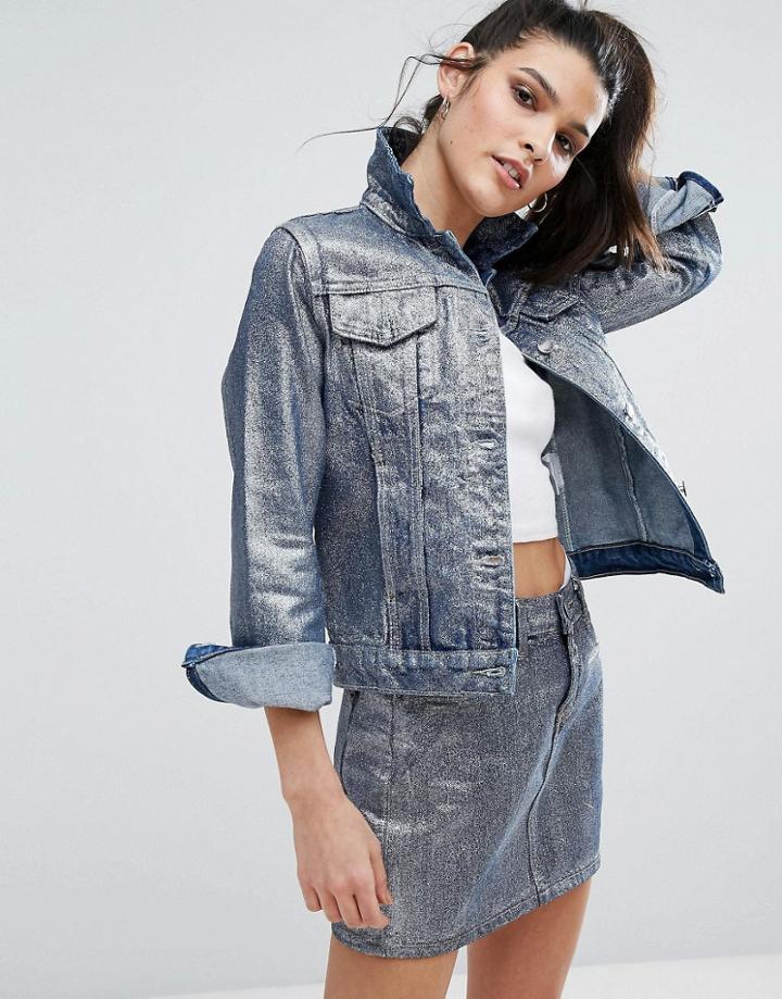 Liquor & Poker Shrunken Metallic Denim Jacket - Blue