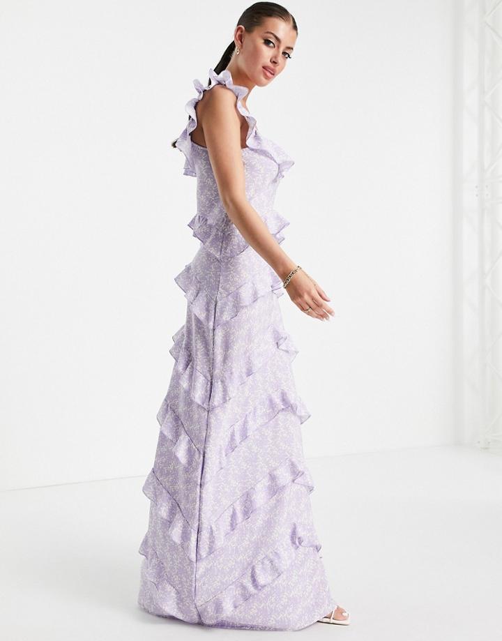 Pretty Lavish Cecile Square Neck Ruffle Midaxi Dress In Lilac Abstract Print-purple