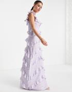 Pretty Lavish Cecile Square Neck Ruffle Midaxi Dress In Lilac Abstract Print-purple