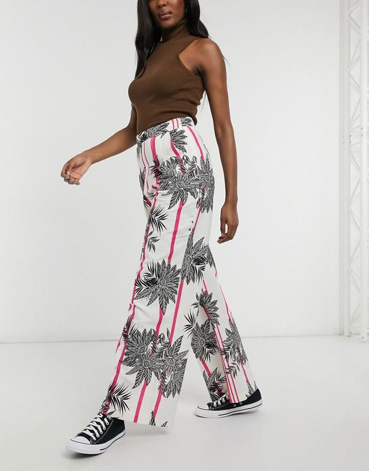 Liquorish Wide Leg Pant In Palm Print Stripe Set-multi