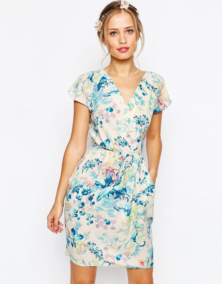 Closet Wrap Front Pleated Pencil Dress - Multi Print