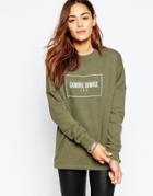 Criminal Damage Oversized Crew Neck Sweat With Front Logo & Distressing - Khaki