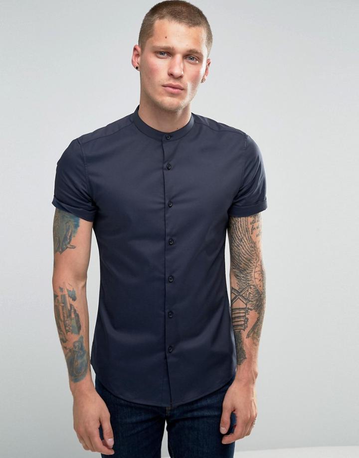 Asos Skinny Shirt In Navy Tonic With Short Sleeves - Stone