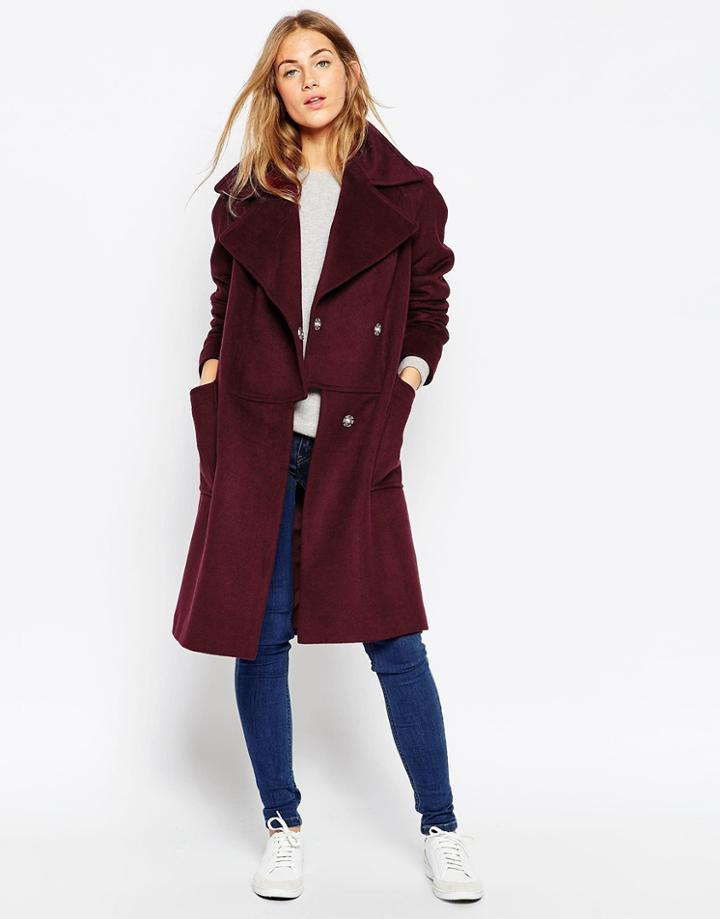 Asos Coat In Oversized Fit With Paneled Collar - Berry