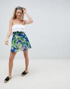 Asos Design Mini Skater Skirt With Tie Waist In Parrot Print - Multi