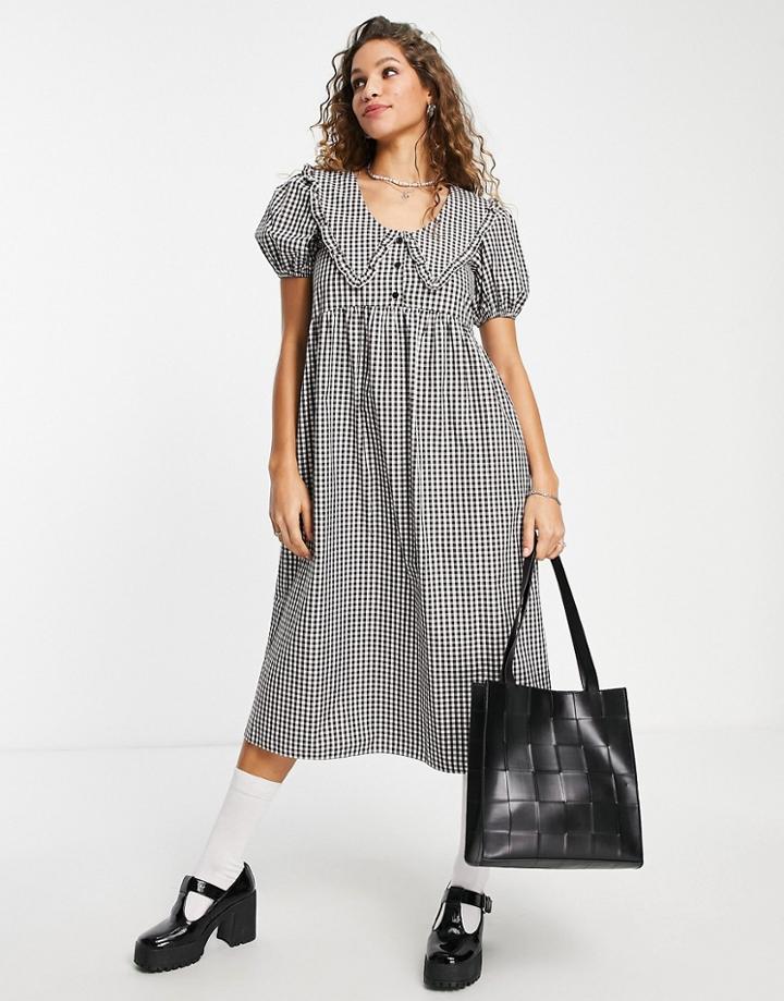 Topshop Collar Gingham Midi Dress In Mono-multi