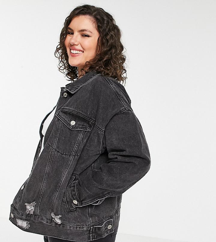 Missguided Plus Oversized Denim Jacket With Rips In Black