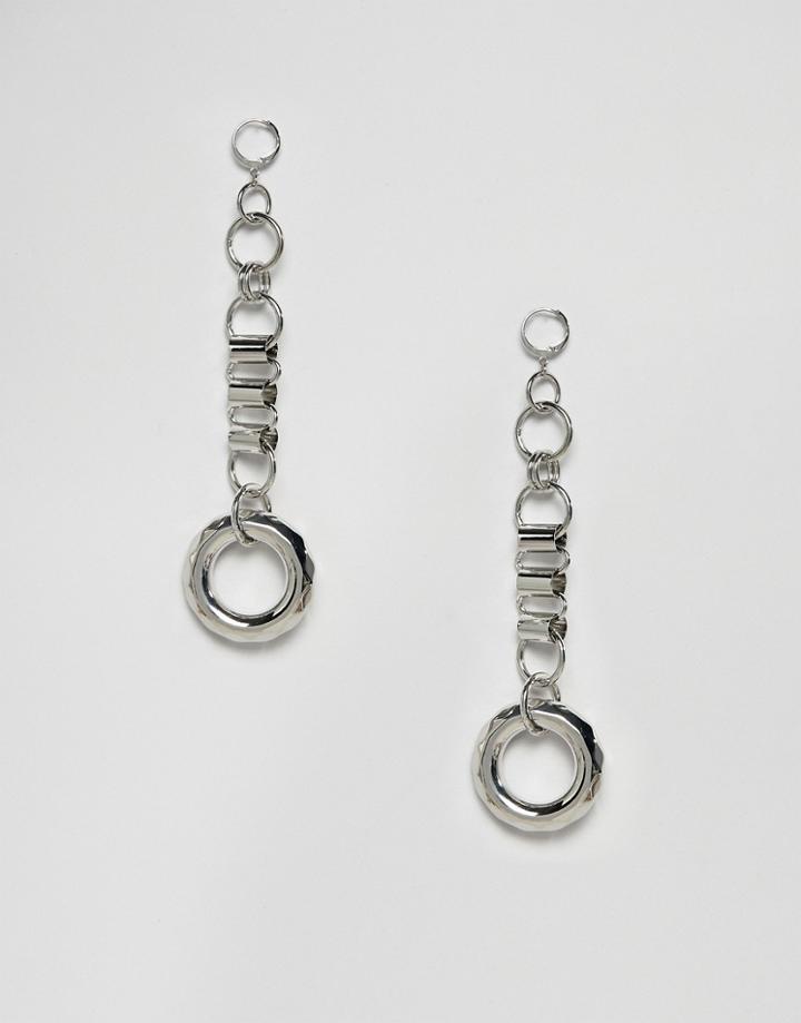 Asos Design Earrings With Hardware Link Chain And Open Circle In Silver - Silver