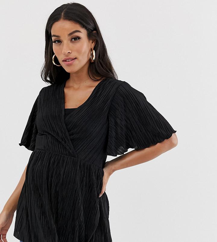 Asos Design Maternity Nursing Plisse Wrap Top With Flutter Sleeve In Black