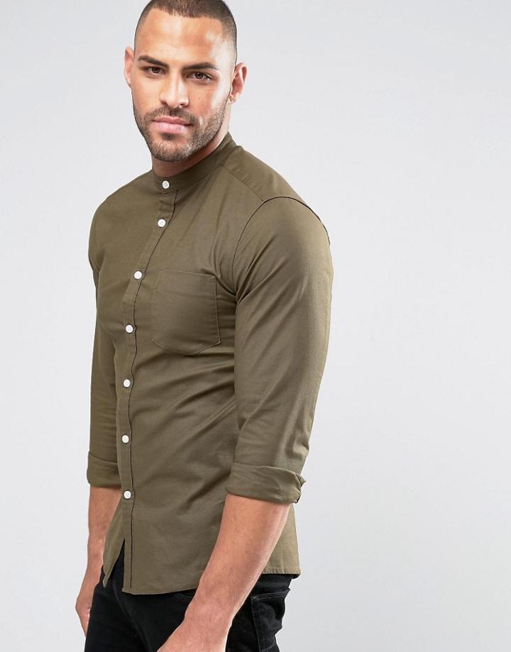Asos Skinny Oxford Shirt With Grandad Collar In Green - Green