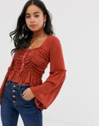 Gilli Ruched Front Blouse With Button Detail And Flared Sleeves-orange