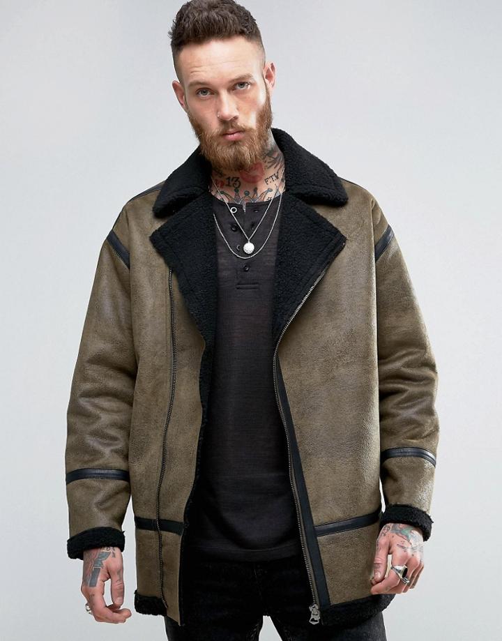 Asos Faux Shearling Biker Jacket In Khaki - Green