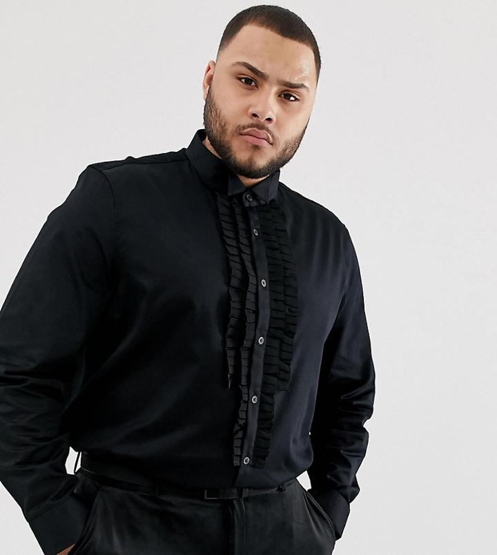 Asos Design Plus Regular Fit Sateen Shirt With Pleated Front In Black