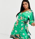 Liquorish Plus Satin Kimono Midi Dress In Mixed Green Floral