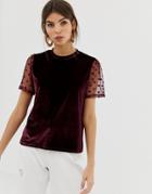 Asos Design Velvet T-shirt With Dobby Mesh Sleeve - Red