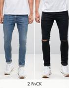 Asos Super Skinny Jeans 2 Pack In Black With Knee Rips & Mid Blue - Mu