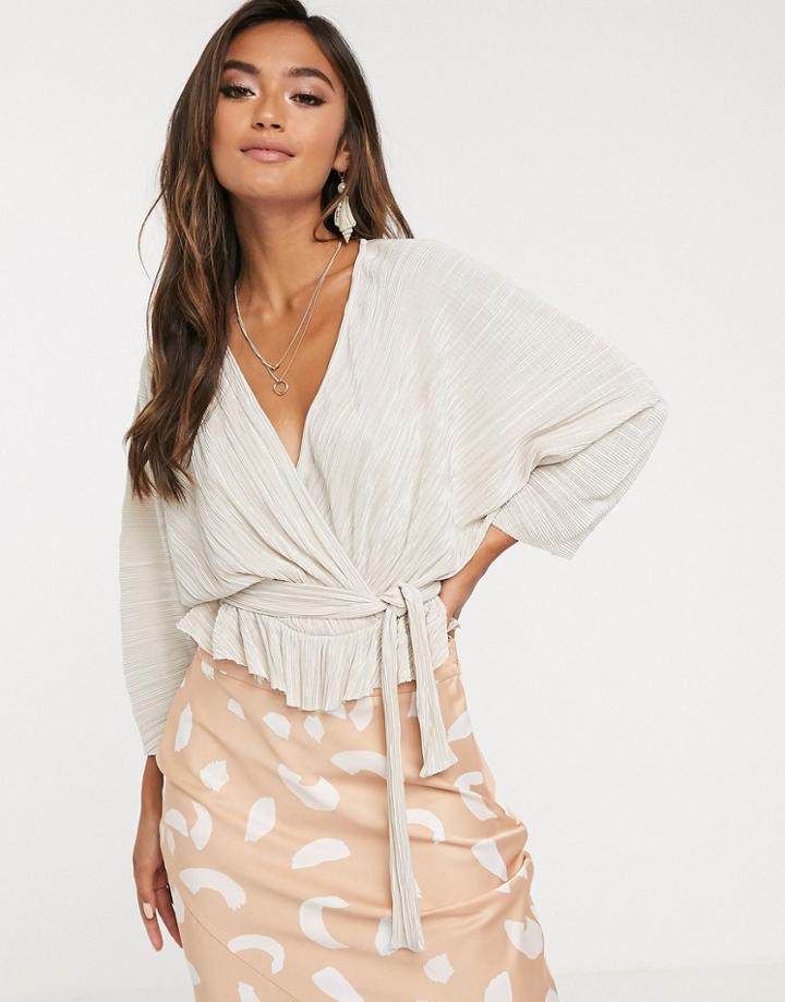 Asos Design Plisse Wrap Top With Tie Waist-beige