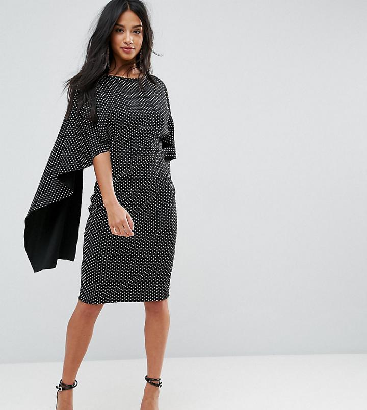City Goddess Petite Midi Dress With Ruffle Sleeve In Polka Dot Print - Black