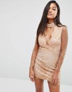 Love Triangle Lace Plunge Front Mini Dress With Choker - Beige