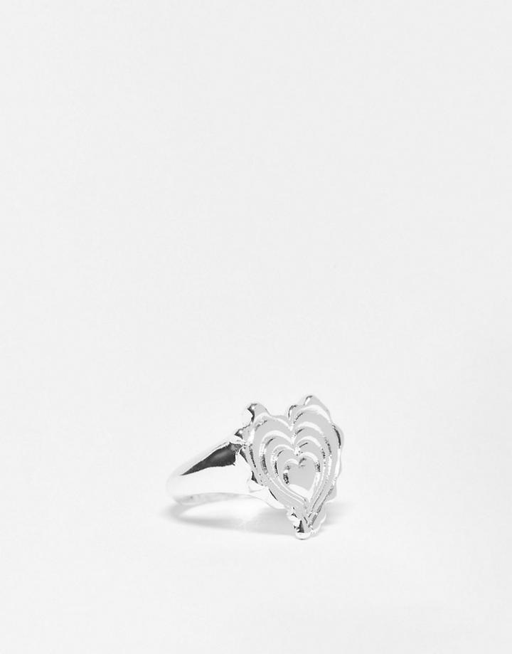 Asos Design Festival Fashion Ring With Melting Heart In Silver Tone