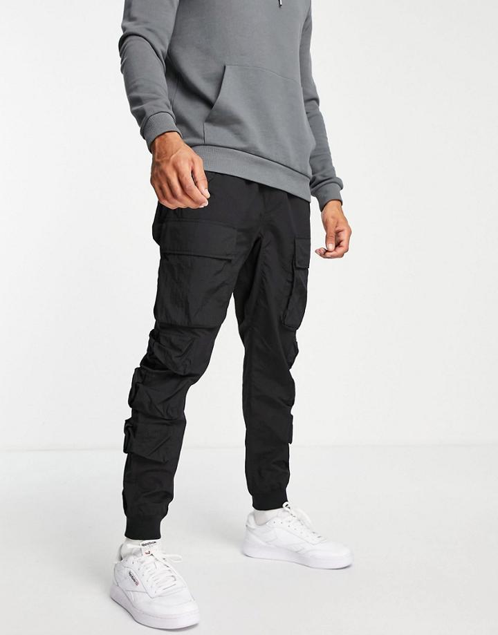 Topman Relaxed Nylon Multi Pocket Cargo Pants In Black