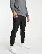 Topman Relaxed Nylon Multi Pocket Cargo Pants In Black