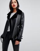 Vero Moda Faux Leather Aviator Jacket - Black