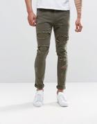 Asos Super Skinny Jeans With Rips In Khaki - Khaki