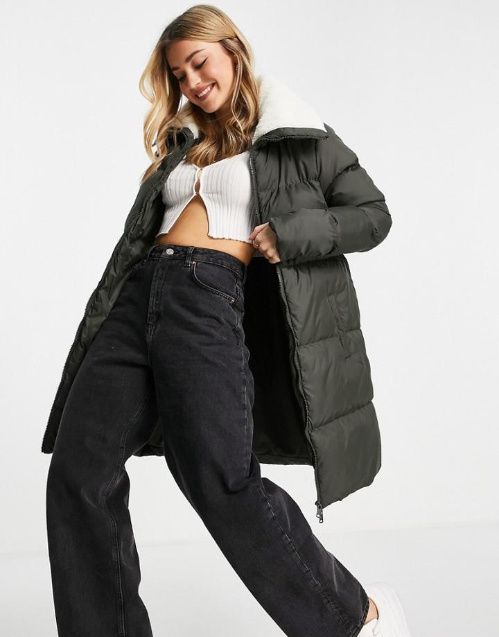 Brave Soul Anna Mid Length Puffer Jacket With Sherpa-green