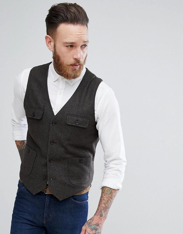 Asos Skinny Vest In Brown With Button Pockets - Brown