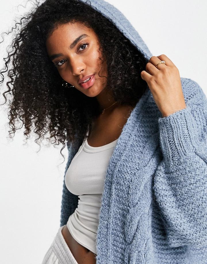 River Island Hooded Cable Knit Cardigan In Light Blue