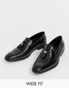 Asos Design Wide Fit Brogue Loafers In Black Leather
